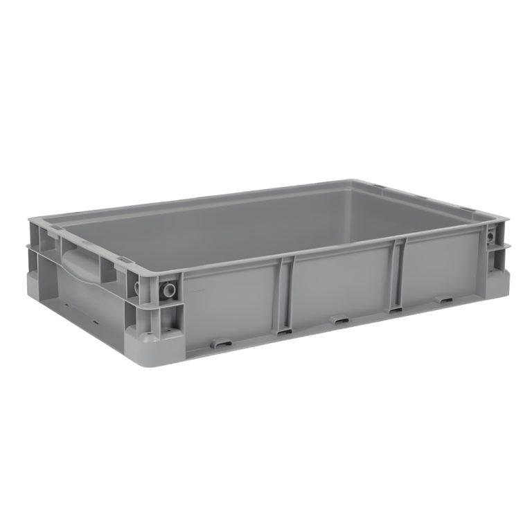 Caja plástica industrial Interstack o-container número 510094 de 24-15-5 pulgadas gris, polipropileno resistente, para almacenamiento y logística industrial.