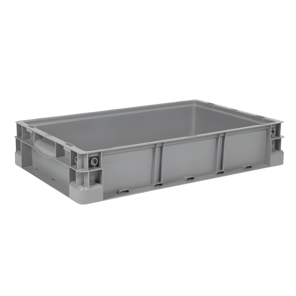 Caja plástica industrial Interstack o-container número 510094 de 24-15-5 pulgadas gris, polipropileno resistente, para almacenamiento y logística industrial.