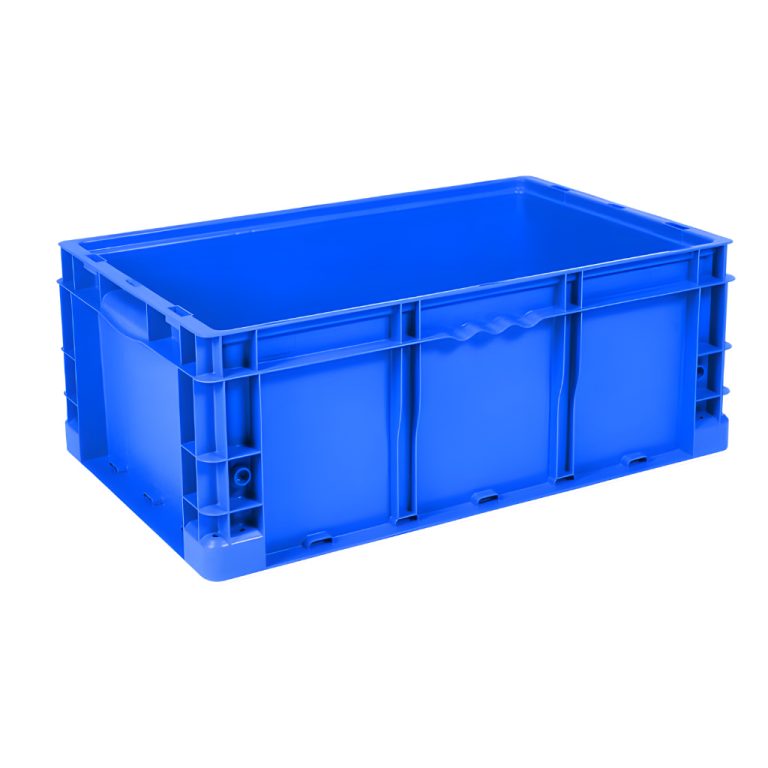 Caja plástica industrial Interstack o-container número 510095 de 24-15-9 pulgadas azul, polipropileno resistente, para almacén y logística.
