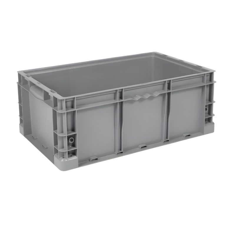 Caja plástica industrial Interstack o-container número 510095 de 24-15-9 pulgadas gris, polipropileno resistente, para logística y industria.