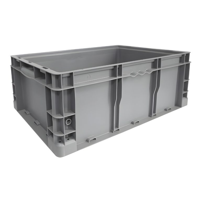 Caja plástica industrial Interstack o-container número 510096 de 24-22-9 pulgadas gris, polipropileno resistente, almacenamiento industrial.