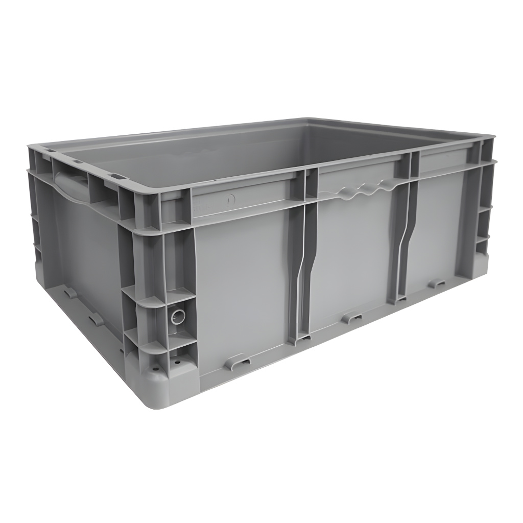 Caja plástica industrial Interstack o-container número 510096 de 24-22-9 pulgadas gris, polipropileno resistente, almacenamiento industrial.