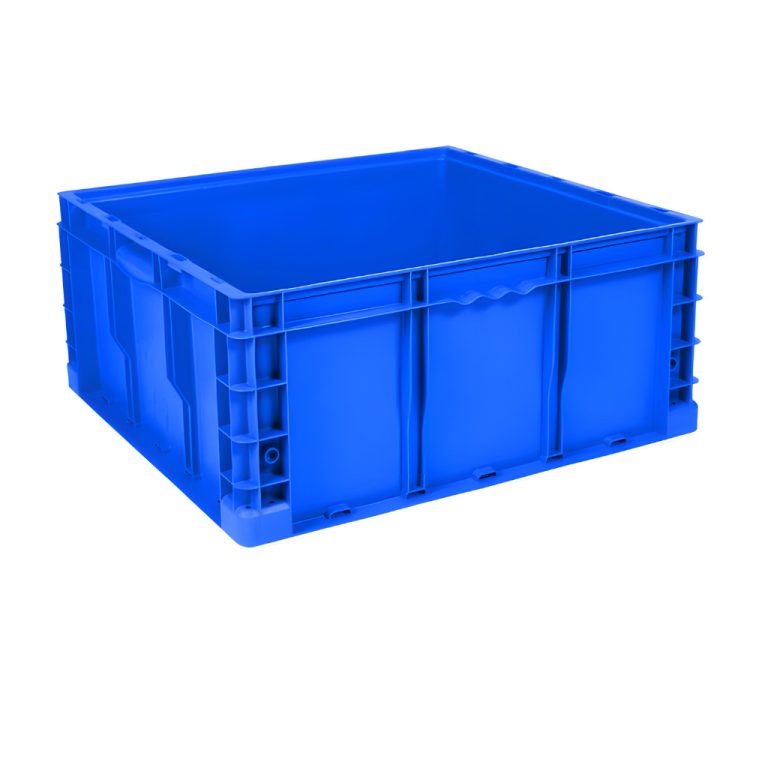 Caja plástica industrial Interstack o-container número 510097 de 24-22-11 pulgadas azul, polipropileno resistente, almacén y logística industrial.
