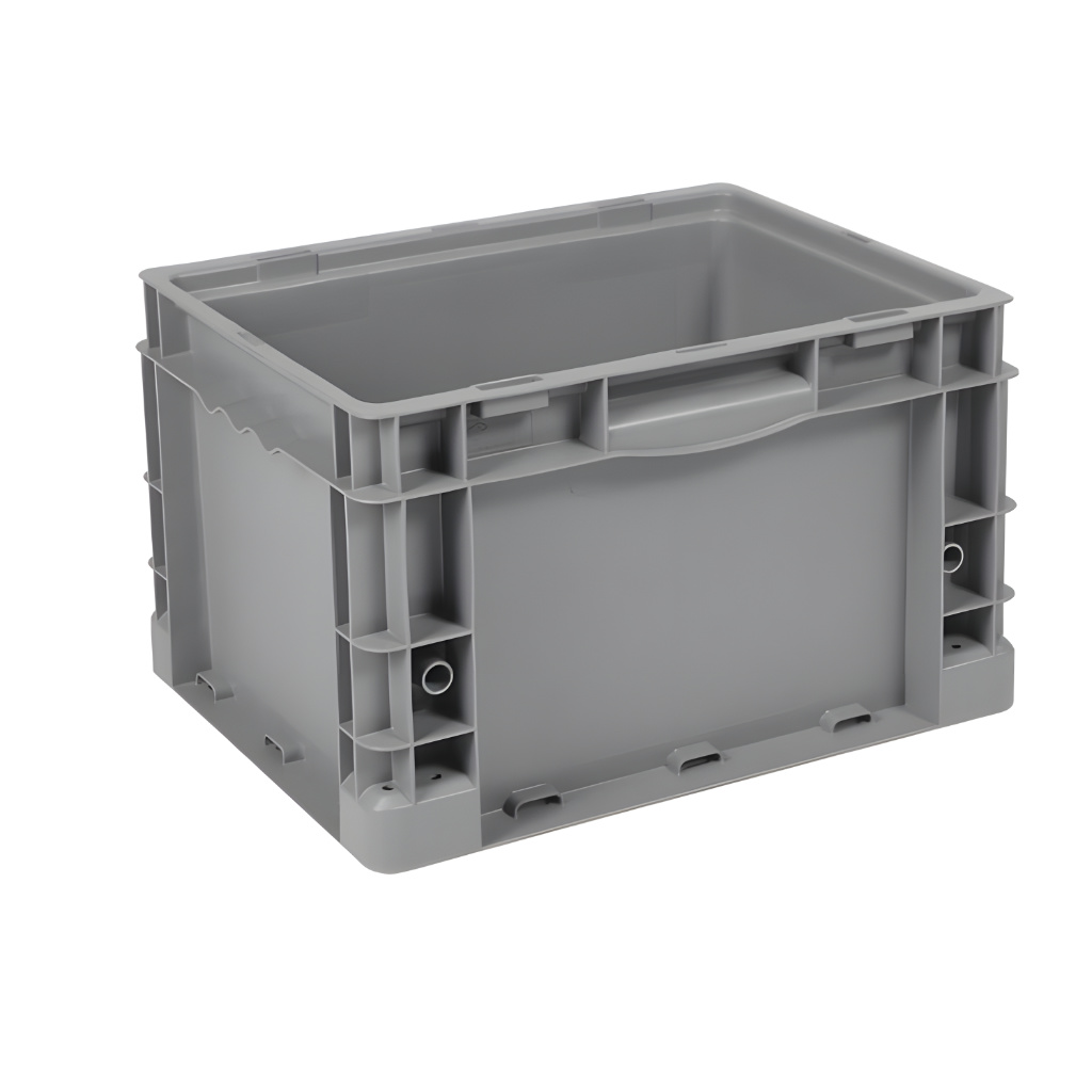 Caja plástica industrial Interstack o-container número 510100 de 15-12-9 pulgadas color gris, polipropileno resistente, ideal para logística y almacenamiento.