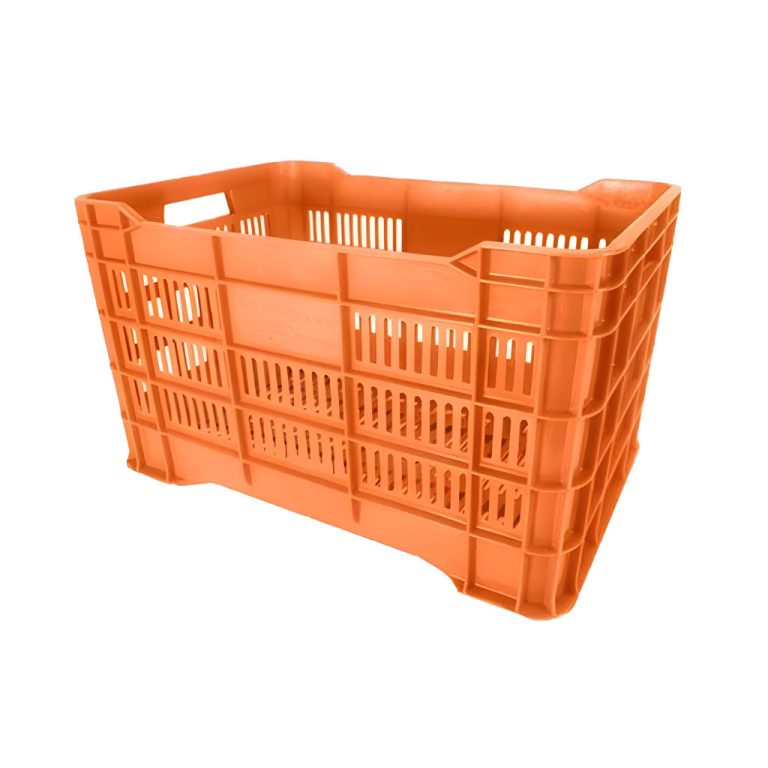Caja plástica agrícola María calada naranja, 56 x 37 x 33 cm, capacidad 35 kg, ventilada para naranja, tomate, papa y hortalizas de exportación.