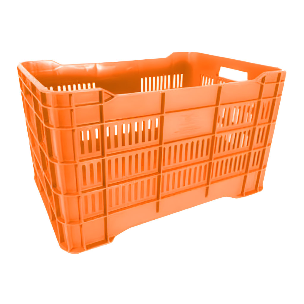 Caja plástica agrícola María semi calada naranja, 56 x 37 x 33 cm, capacidad aproximada 40 kg, laterales mixtos cerrados y ventilados para frutas y hortalizas.