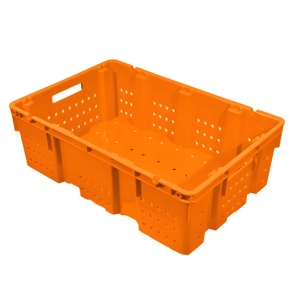 Caja multicontenedor calada naranja, 58 x 38 x 18 cm, capacidad 20–25 kg, ventilada para productos agrícolas y alimenticios.
