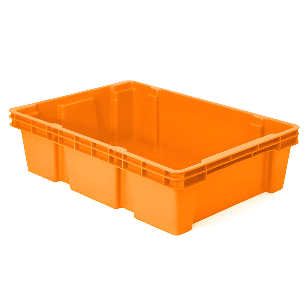 Caja multicontenedor cerrada naranja, 58 x 38 x 18 cm, capacidad 20 kg, paredes y piso cerrados para alimentos y procesos industriales.