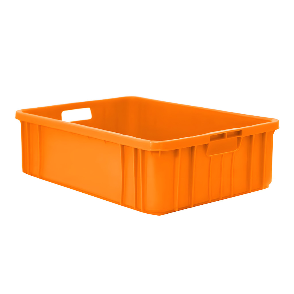 Caja multiprocesos cerrada naranja, 57 x 36 x 14.5 cm, capacidad 15 kg, paredes cerradas para líneas de producción y logística.