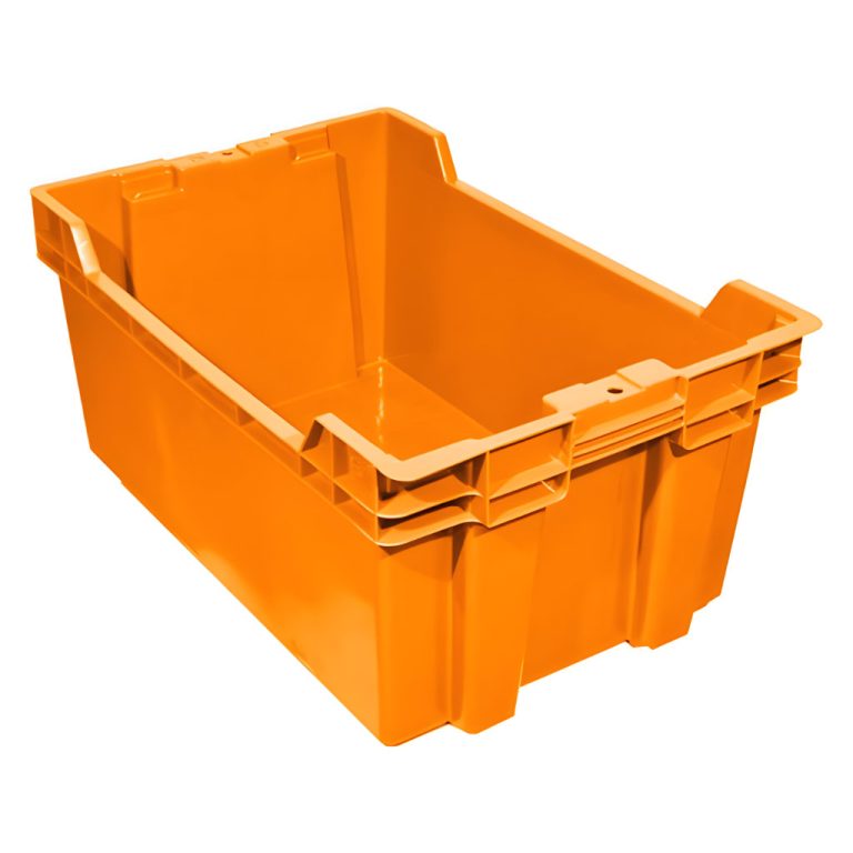 Caja Ontario cerrada naranja, 60 x 40 x 28 cm, capacidad 35 kg, paredes y piso cerrados para productos a granel y alimentos.
