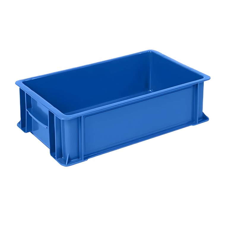 Caja plástica industrial baja número 1 color azul para logística y almacenamiento, polietileno durable, México.