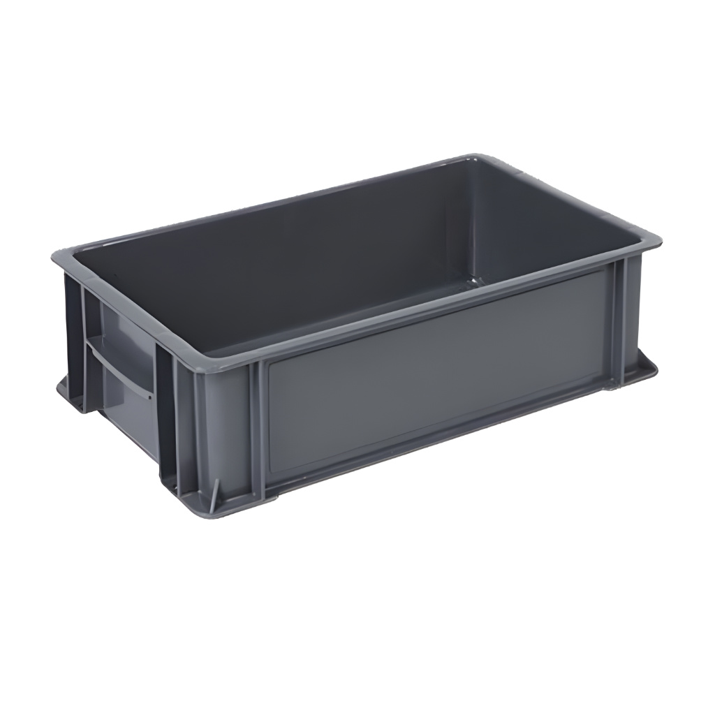 Caja plástica industrial baja número 1 color gris para almacenamiento y logística, polietileno resistente, México.