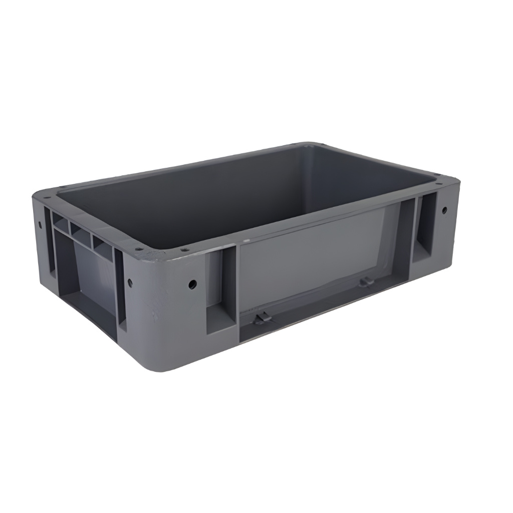 Caja plástica industrial número 1 color gris para almacenaje y transporte, fabricada en polietileno de alta durabilidad, disponible en México.