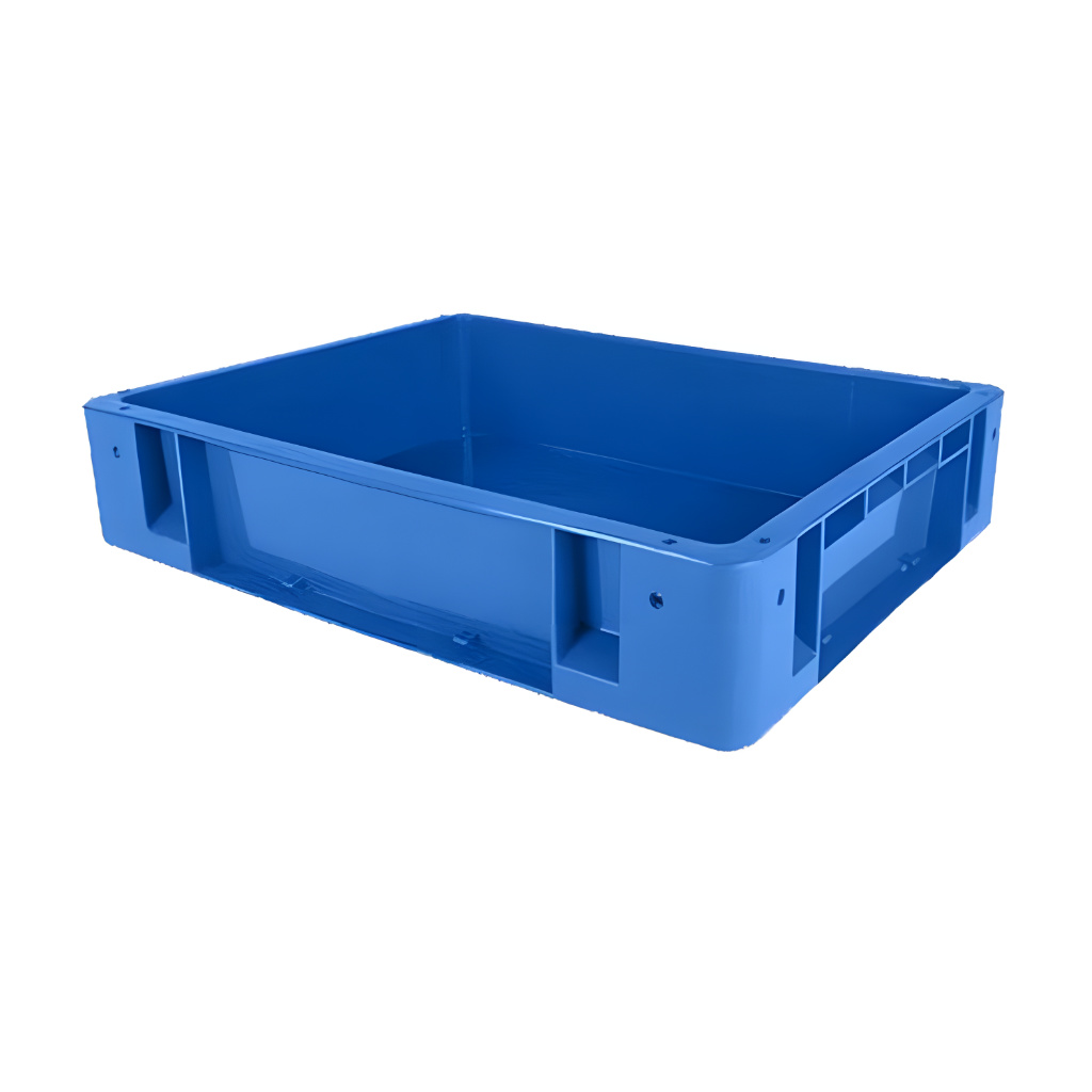 Caja plástica industrial número 2 color azul para almacén y producción, polietileno durable