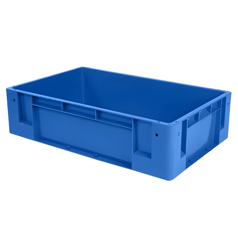 Caja plástica industrial número 4 color azul para almacenaje y logística, polietileno resistente, México.