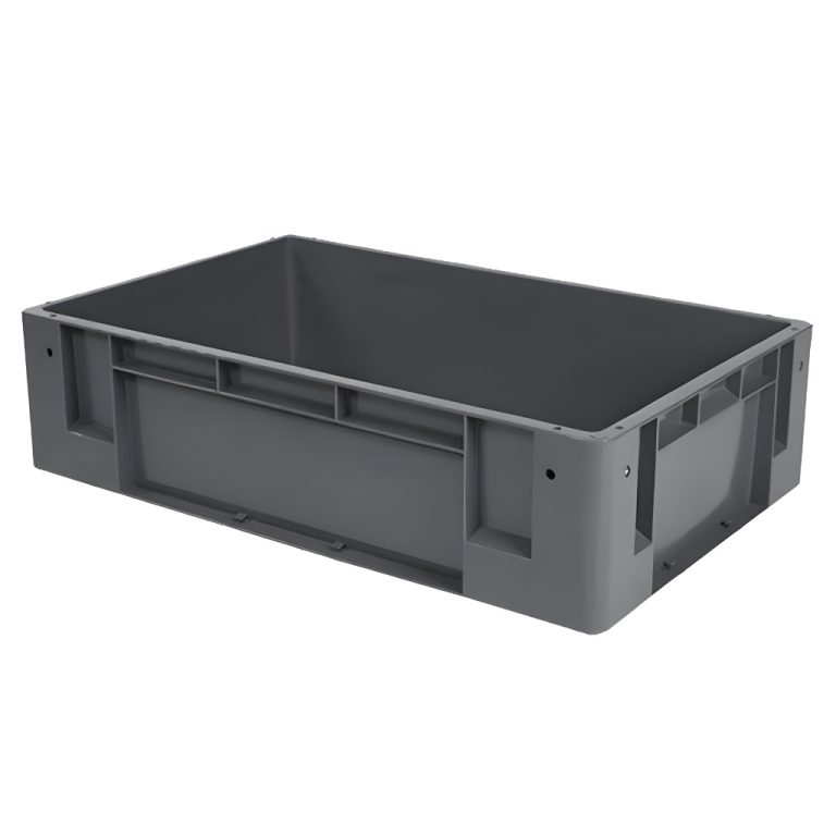 Caja plástica industrial número 4 color gris para almacenaje y logística, polietileno robusto, México.