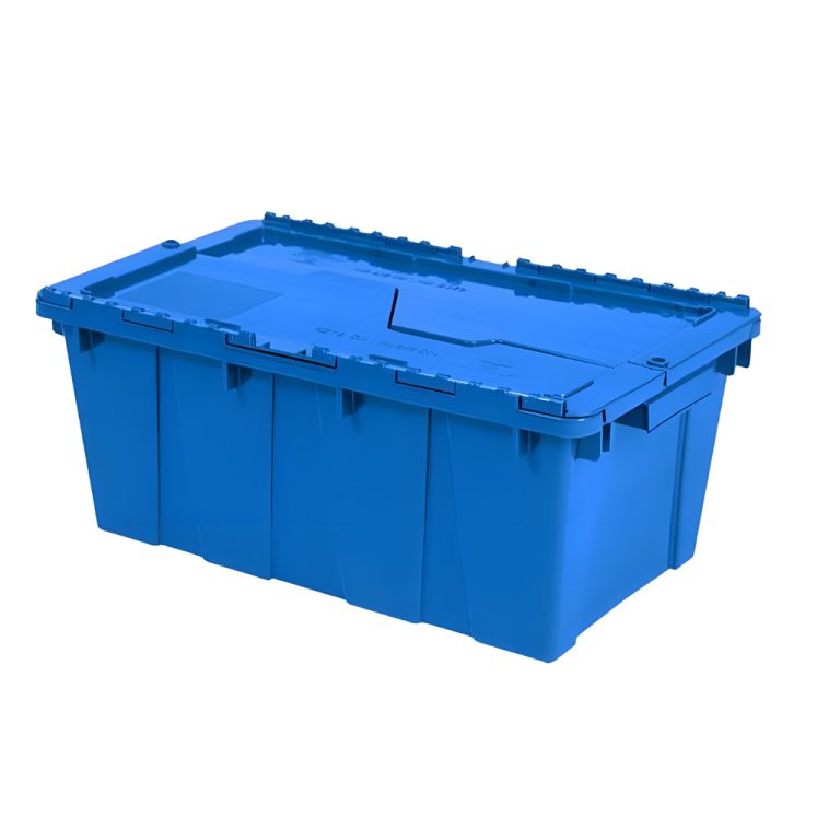 Caja de plástico industrial de bisagras 50-21 color azul, tapa fija, logística y almacén.