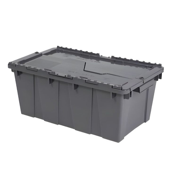 Caja plástica industrial de bisagras 50-21 color gris, tapa fija, logística y almacenamiento.