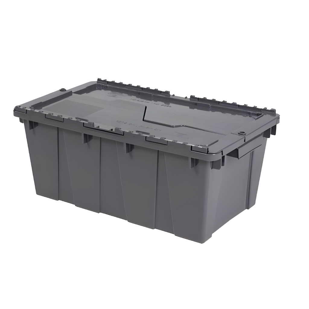 Caja plástica industrial de bisagras 50-21 color gris, tapa fija, logística y almacenamiento.