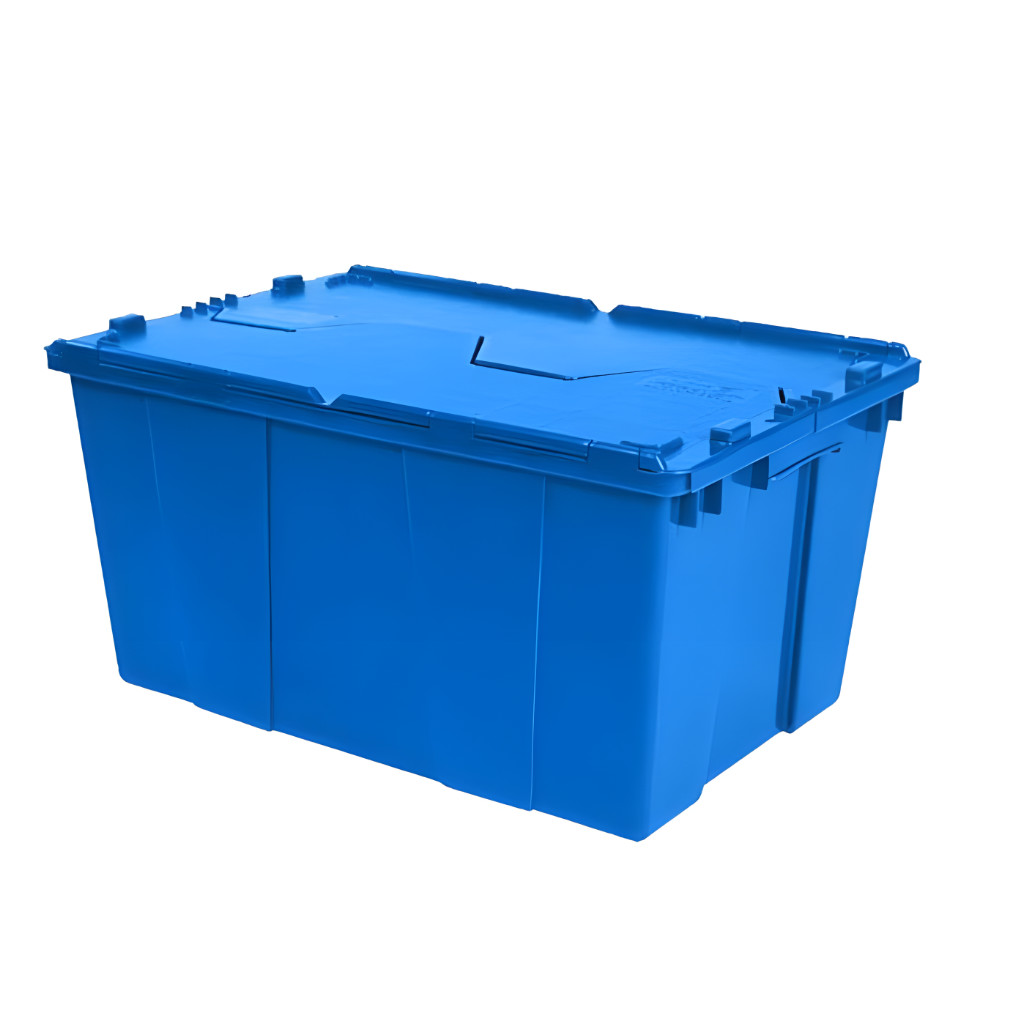 Caja de bisagras industrial 60-32 azul, polietileno, logística, almacenaje y tapa fija.