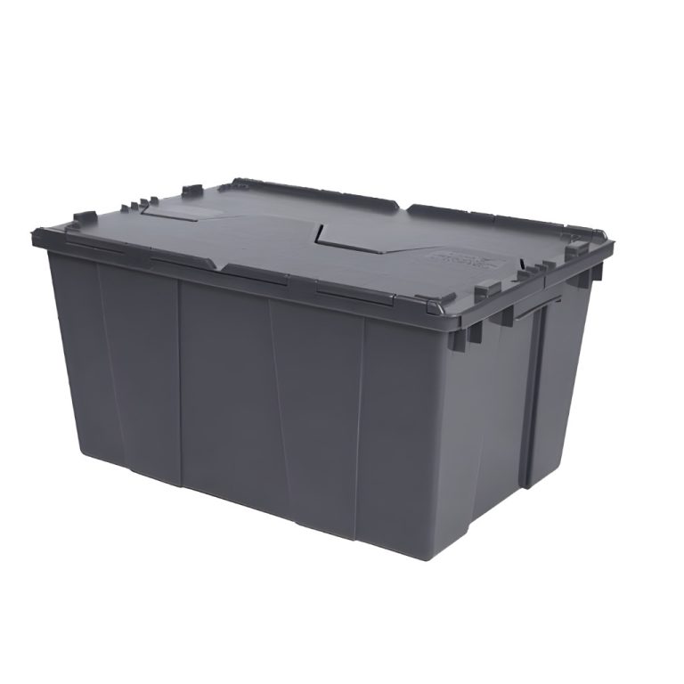 Caja de bisagras industrial 60-32 gris, tapa fija, almacenamiento y logística segura.