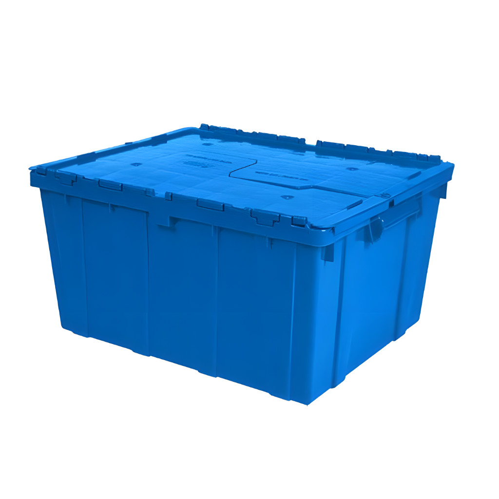 Caja de bisagras industrial 60-50 azul, tapa fija, logística industrial y distribución.