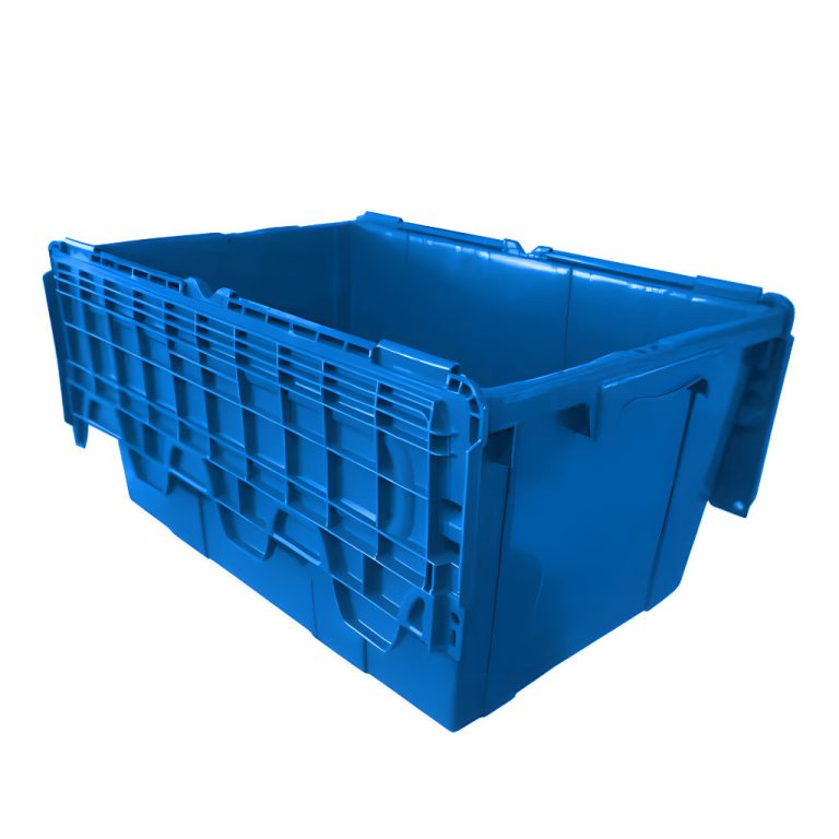 Caja industrial de bisagras Forte azul, frente abatible, logística, almacén y distribución.