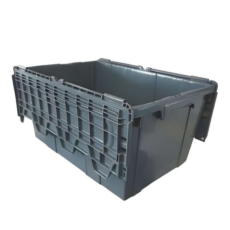 Caja plástica industrial de bisagras Forte gris, frente abatible, logística de almacén y distribución.