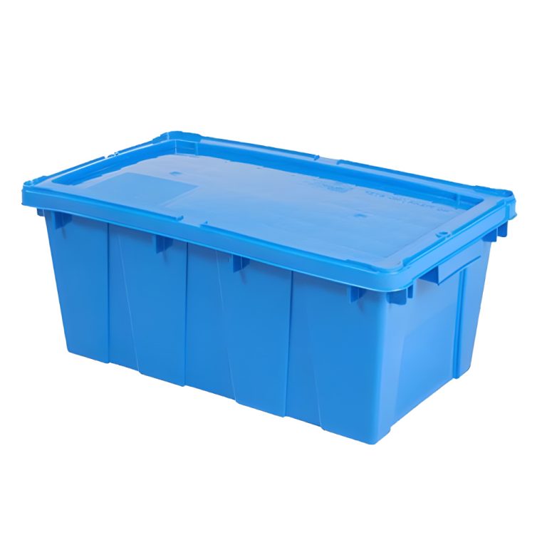 Caja plástica industrial modelo Canadá color azul con tapa, almacén, transporte y logística industrial.