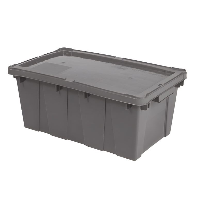 Caja plástica industrial modelo Canadá color gris con tapa, polietileno resistente, ideal para logística y almacenamiento.