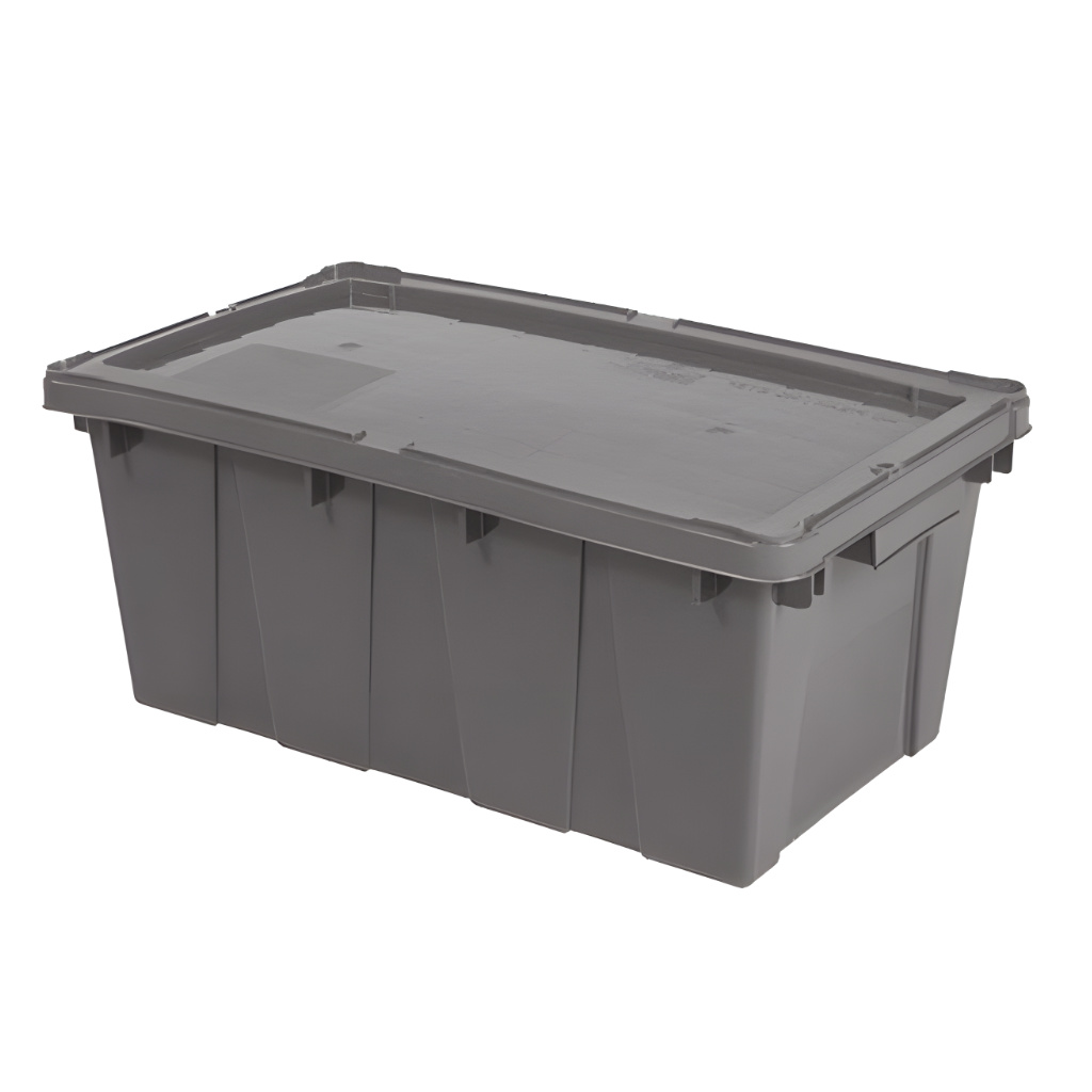 Caja plástica industrial modelo Canadá color gris con tapa, polietileno resistente, ideal para logística y almacenamiento.