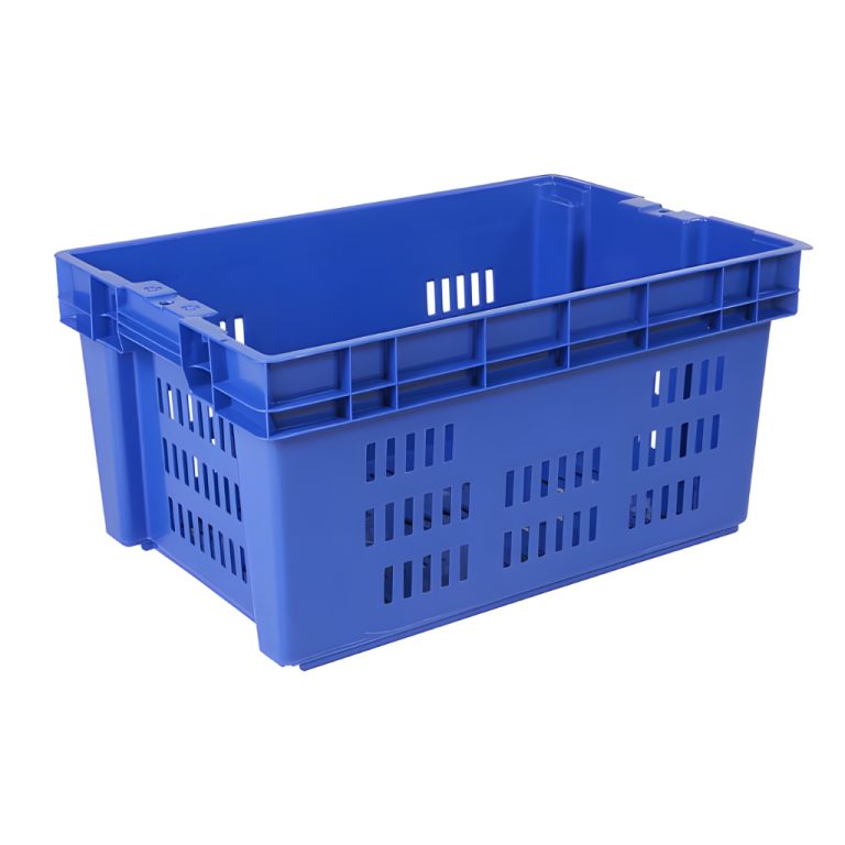 Caja plástica industrial Montreal 28 calada azul, ventilación para alimentos, frutas o logística.