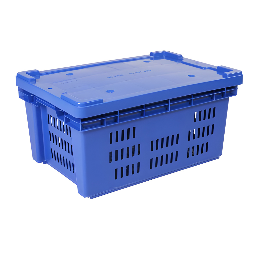 Caja Montreal 28 azul con tapa, ventilación para alimentos, logística y almacén.