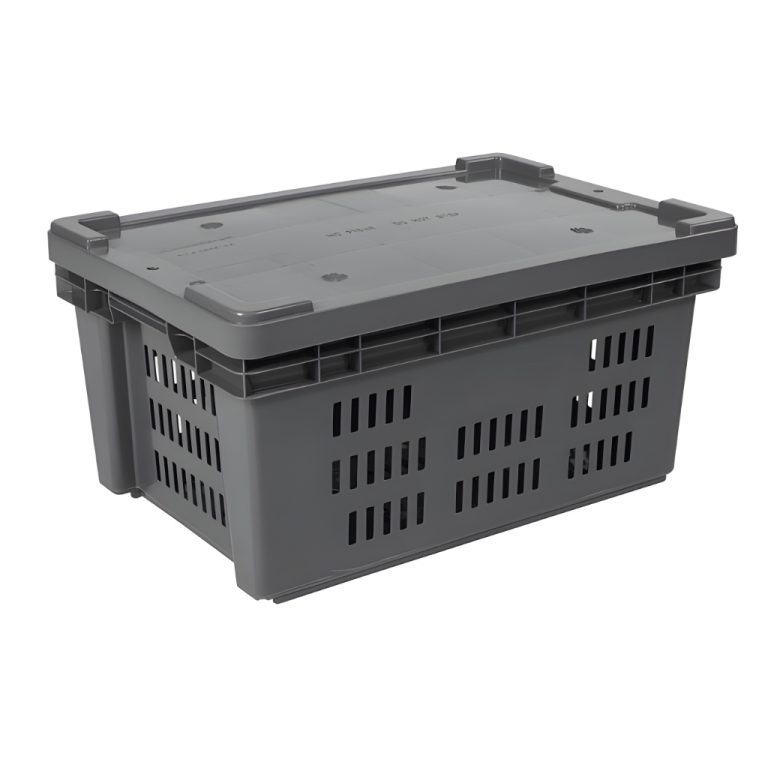 Caja Montreal 28 calada gris con tapa, ventilada para frescos, almacén y logística.
