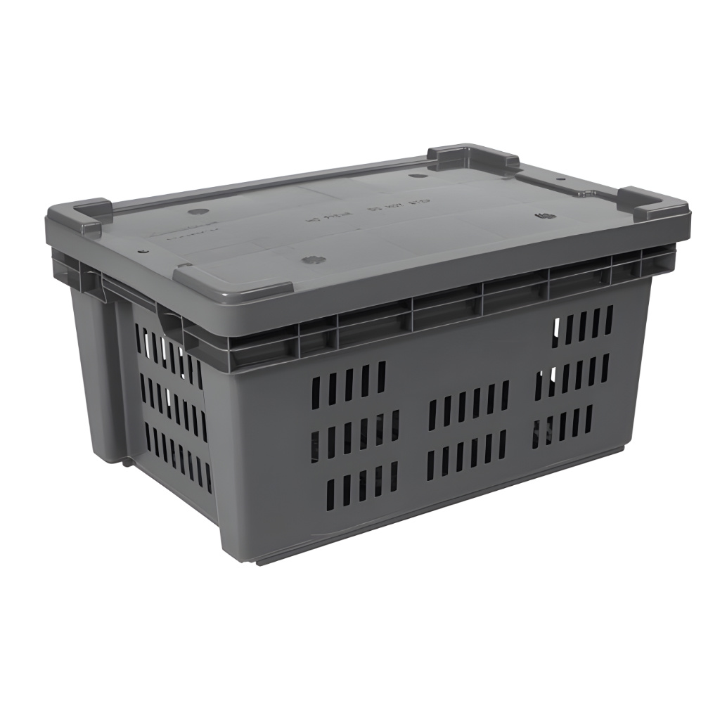 Caja Montreal 28 calada gris con tapa, ventilada para frescos, almacén y logística.