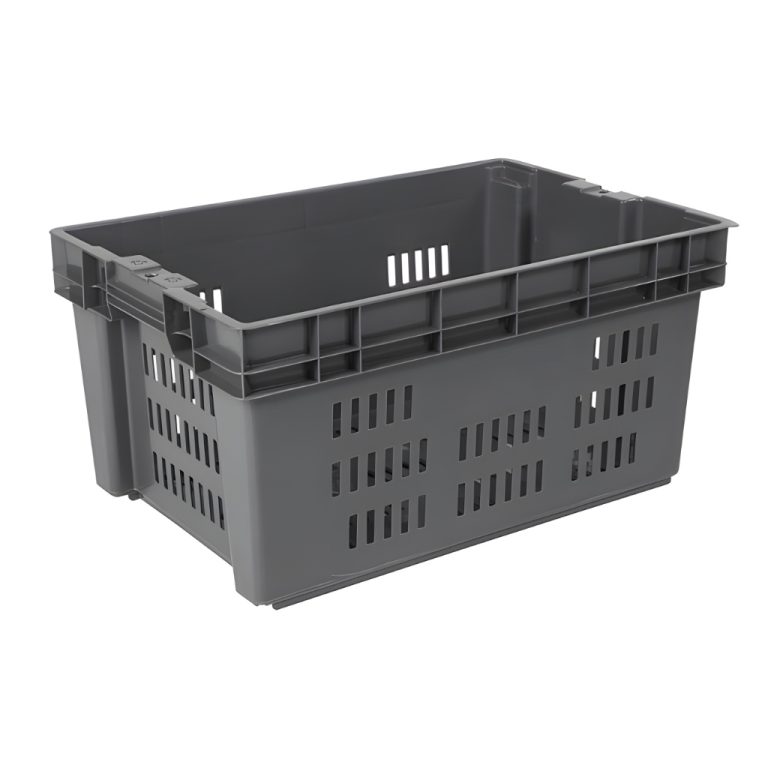 Caja plástica industrial Montreal 28 calada color gris, ventilada, alimentos y logística industrial.