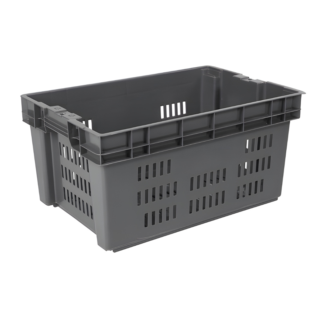 Caja plástica industrial Montreal 28 calada color gris, ventilada, alimentos y logística industrial.