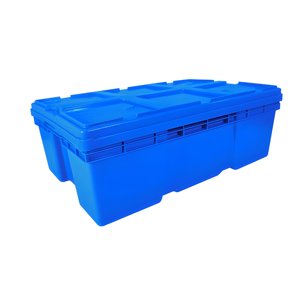 Caja plástica industrial Montreal 20 azul con tapa, resguardo y logística industrial.