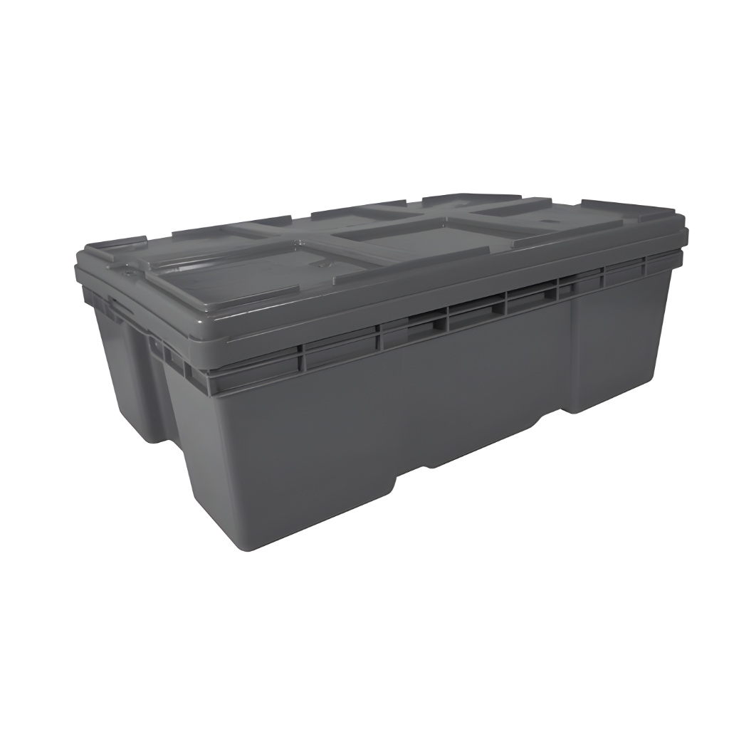 Caja plástica Montreal 20 gris con tapa, almacenamiento, logística y manipulación industrial.