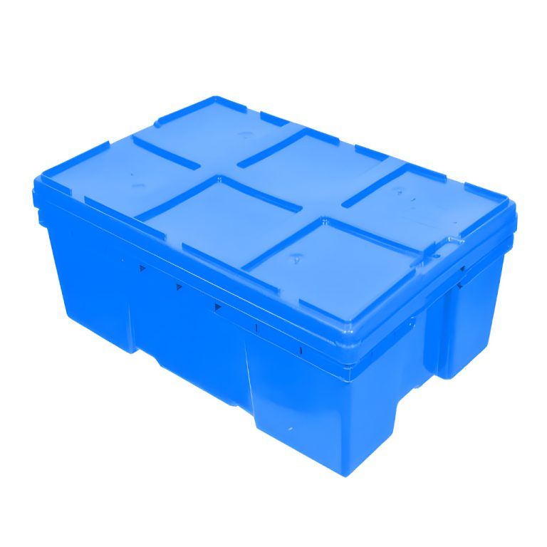 Caja plástica Montreal 28 azul con tapa, uso industrial, logística y almacenamiento.