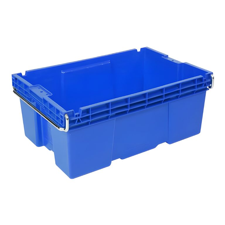 Caja plástica industrial Otawa número 20 color azul, con asa metálica, polietileno resistente para almacén y logística.