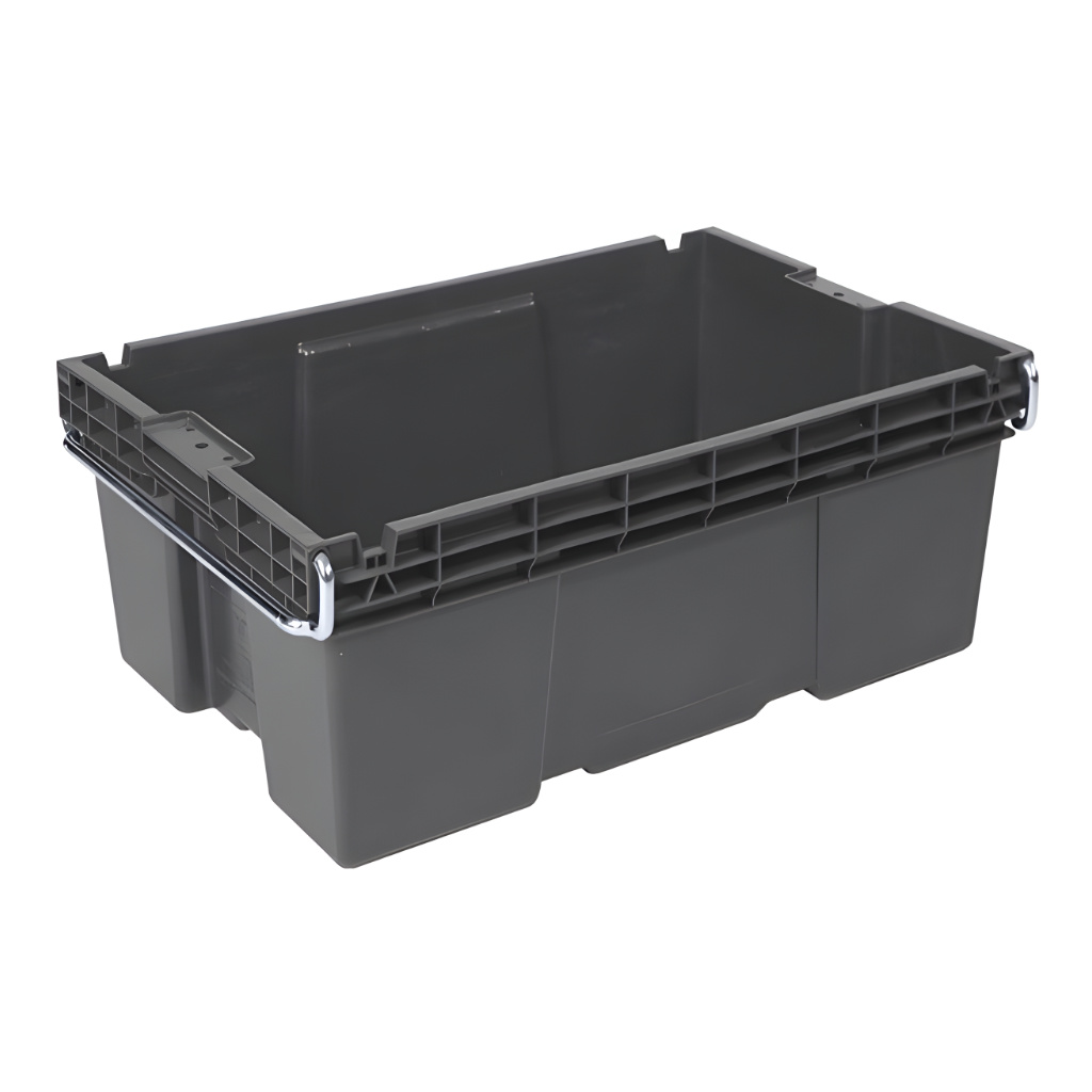 Caja plástica industrial Otawa número 20 color gris, con asa metálica, almacén y logística industrial.