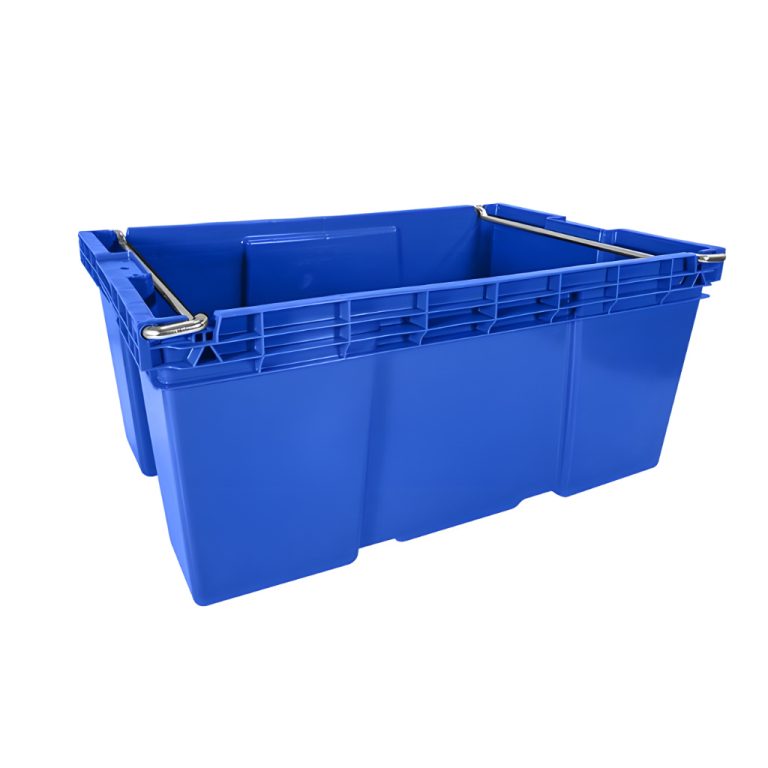 Caja plástica industrial Otawa número 28 azul, con asa metálica, uso logístico y almacenamiento industrial.