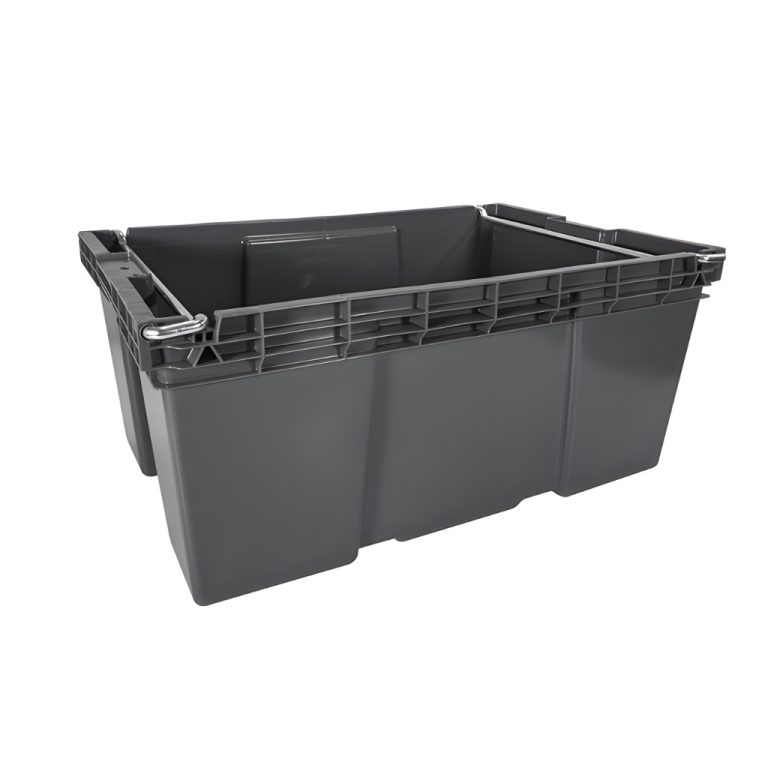 Caja plástica industrial Otawa número 28 color gris, asa metálica, para almacenamiento y logística industrial.