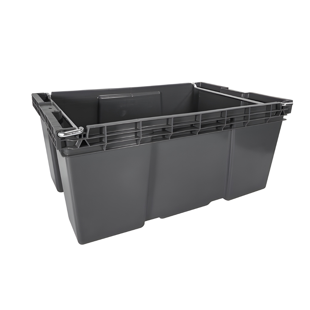 Caja plástica industrial Otawa número 28 color gris, asa metálica, para almacenamiento y logística industrial.