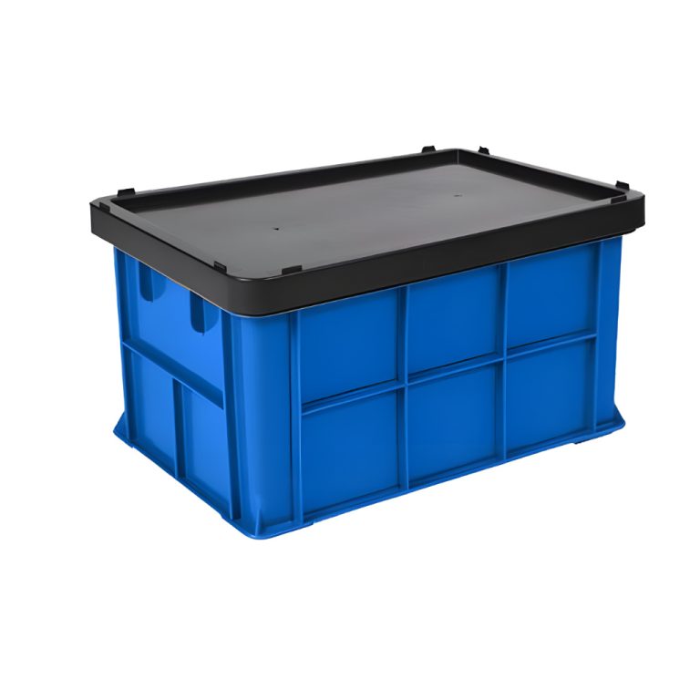 Caja plástica industrial modelo Québec color azul con tapa, almacén y logística industrial, polietileno durable.