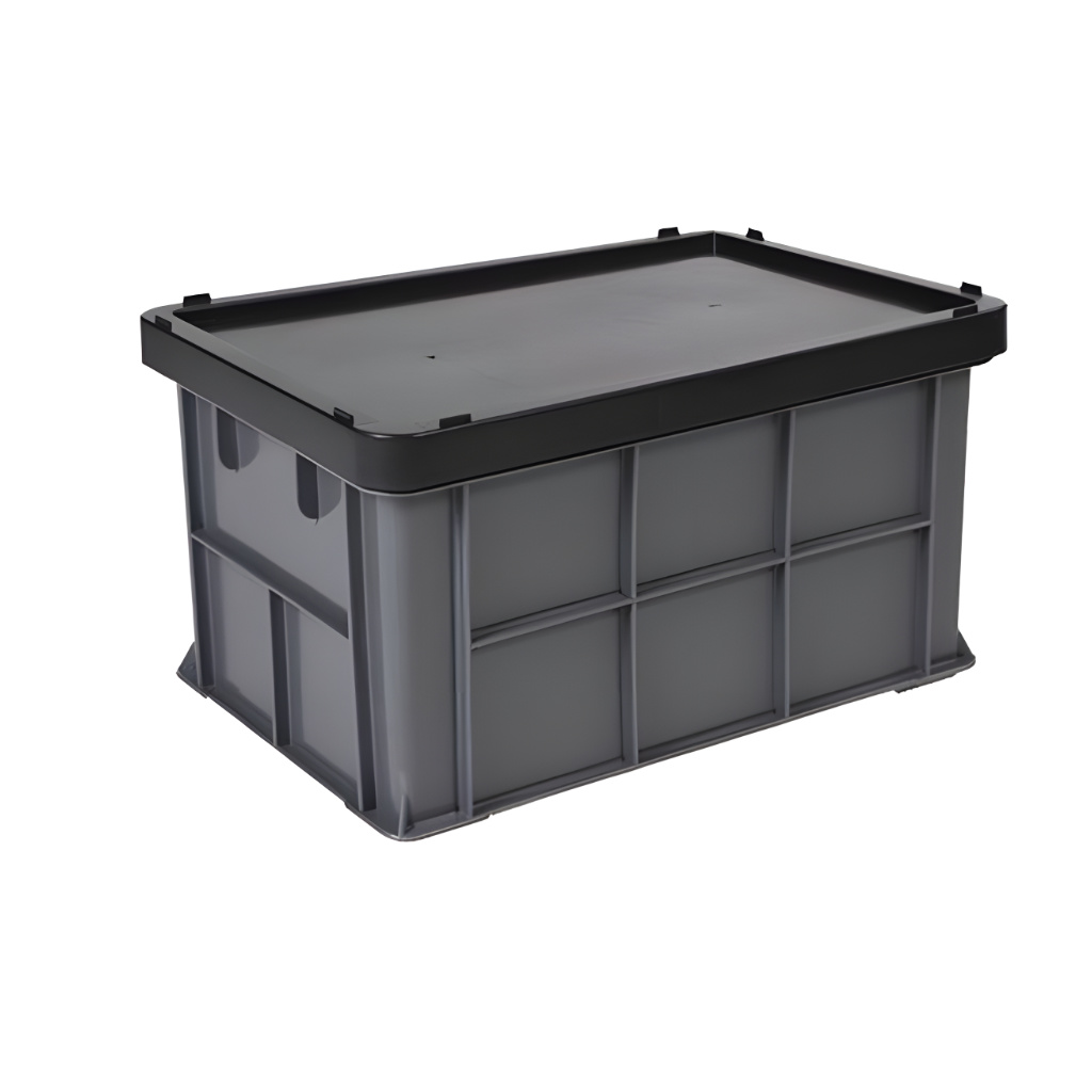 Caja plástica industrial modelo Québec color gris con tapa, almacén y logística industrial, polietileno resistente.