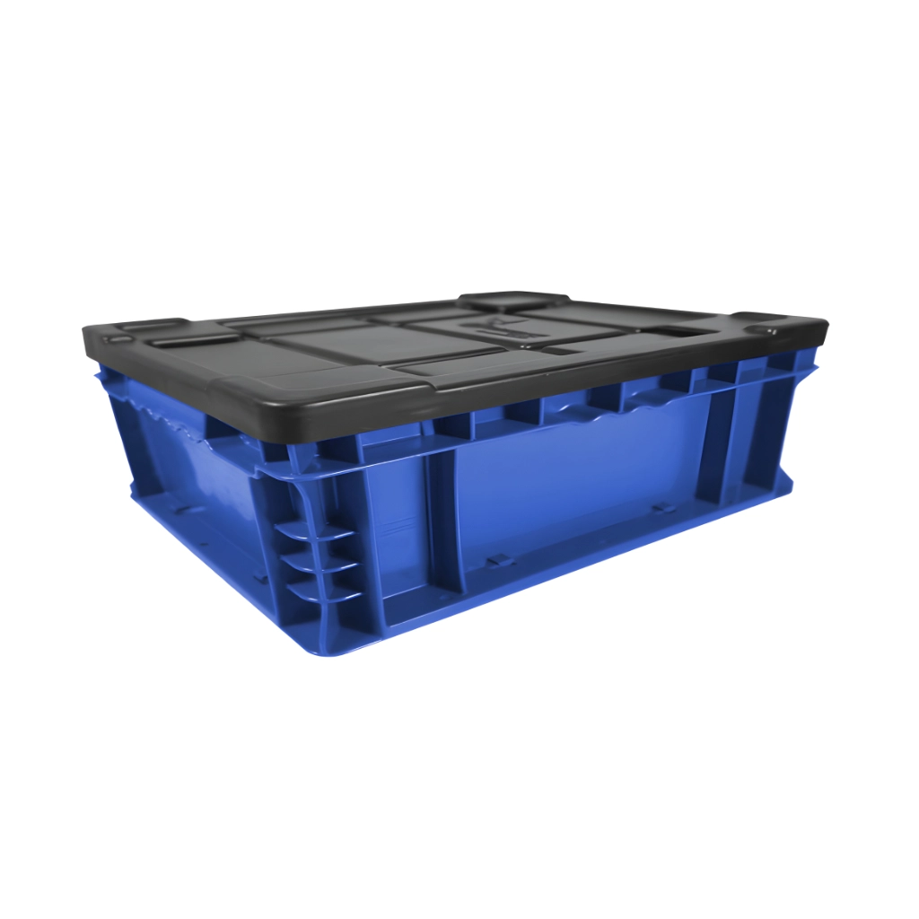 Caja plástica TIER ONE 14-11-4 color azul con tapa para almacenaje y logística industrial, polietileno resistente.