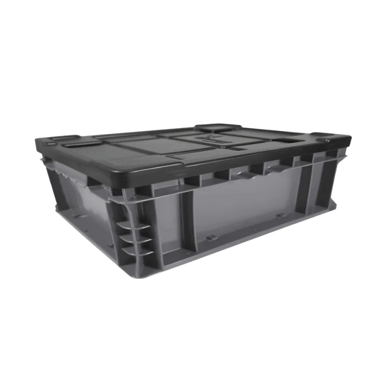 Caja plástica TIER ONE 14-11-4 gris con tapa para logística y almacén, polietileno rígido.