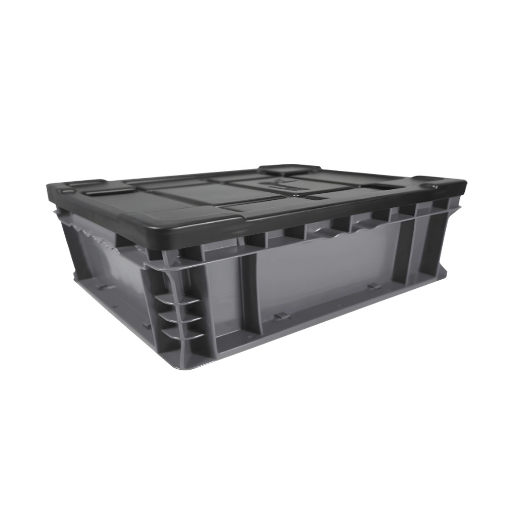 Caja plástica TIER ONE 14-11-4 gris con tapa para logística y almacén, polietileno rígido.